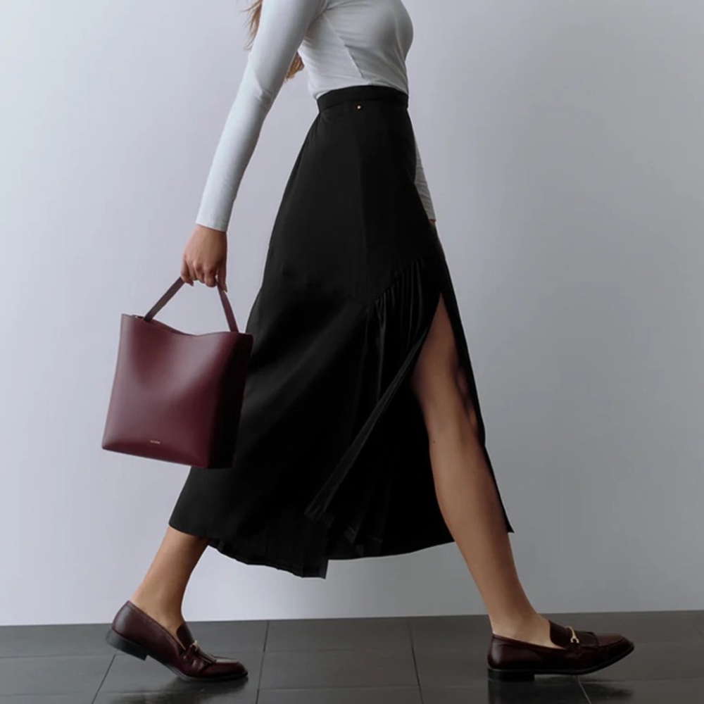 Cuyana Black Asymmetrical A-Line Midi Silk Skirt